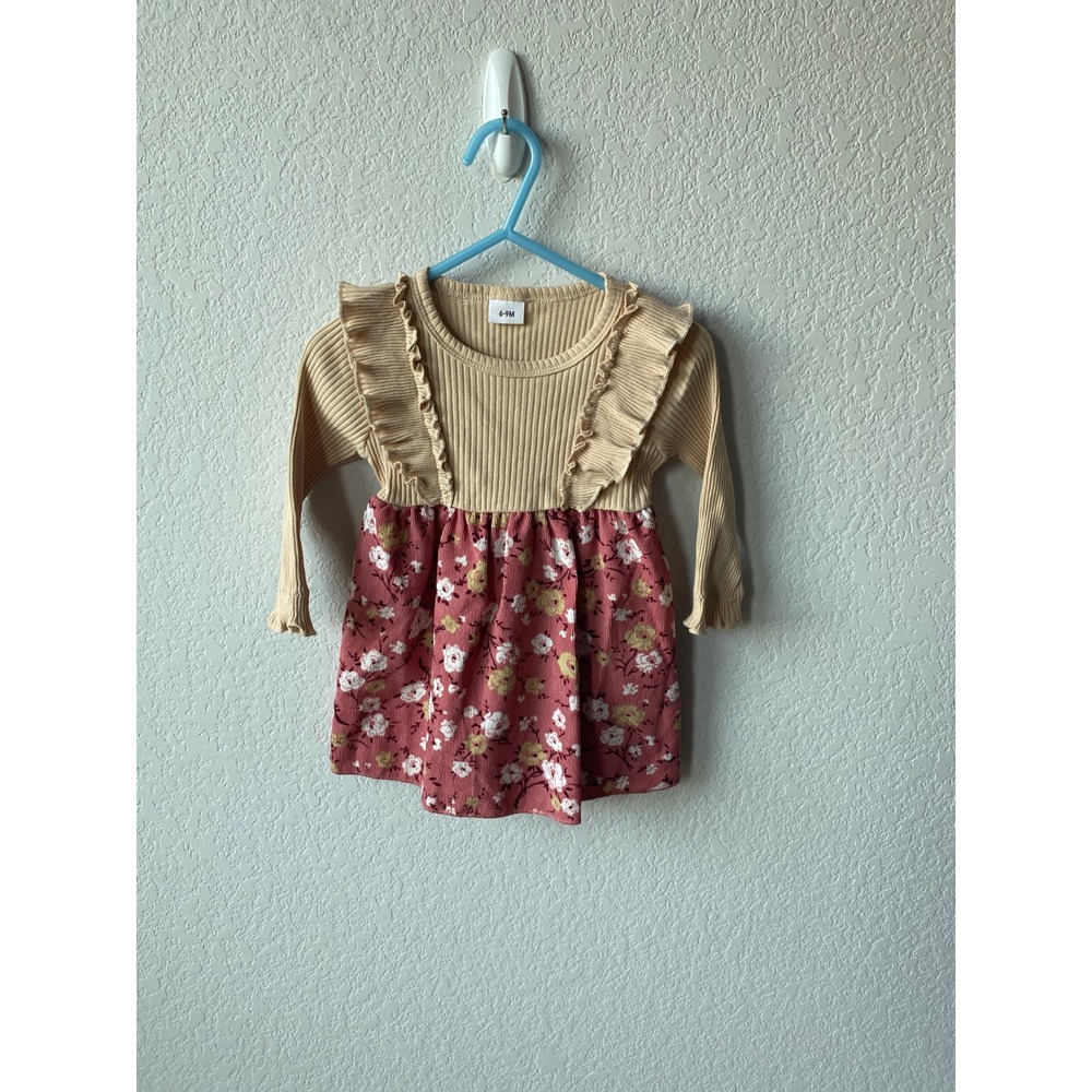 Unbranded Girls Ribbed Ruffle Floral COTTAGECORE Dress Size 6-9M Tan Pink
